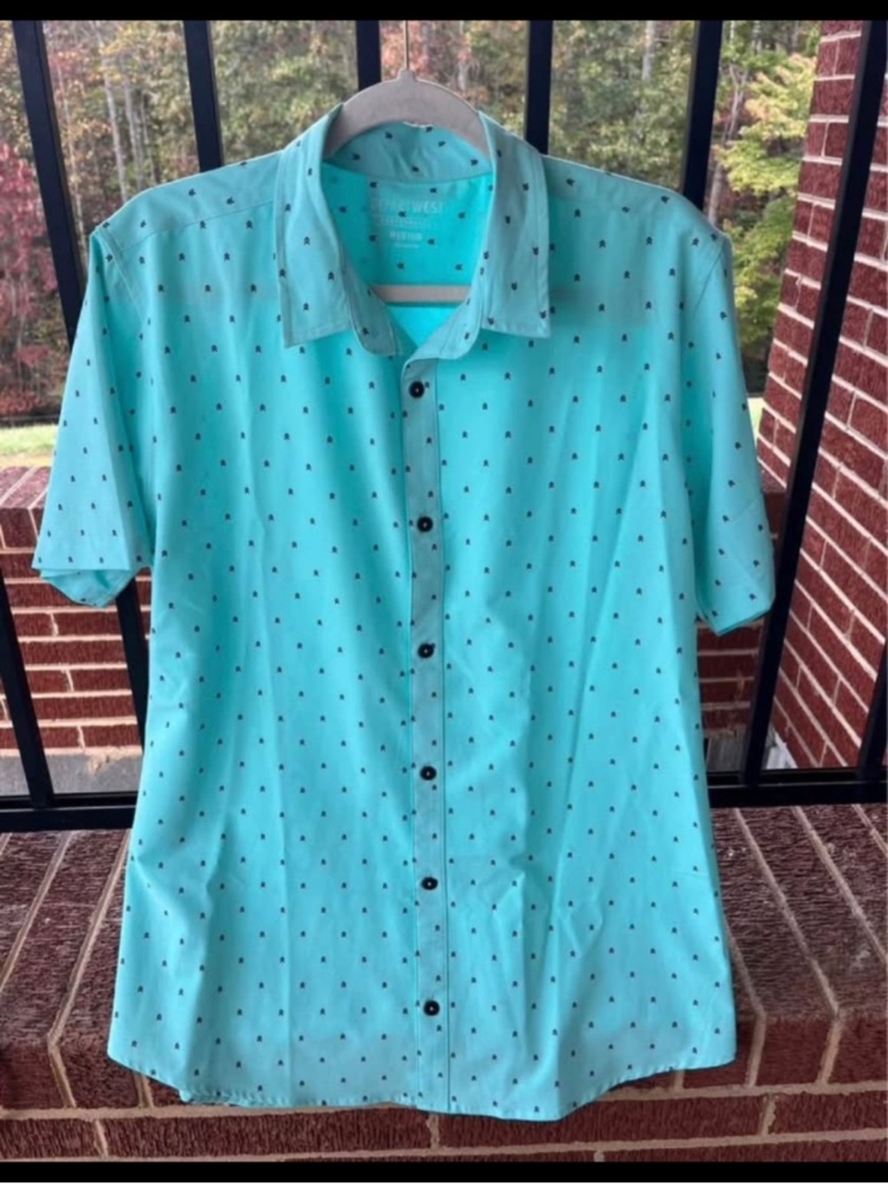 Casual Short-Sleeve Button-Down Shirt - Aqua with Micro Dot Print